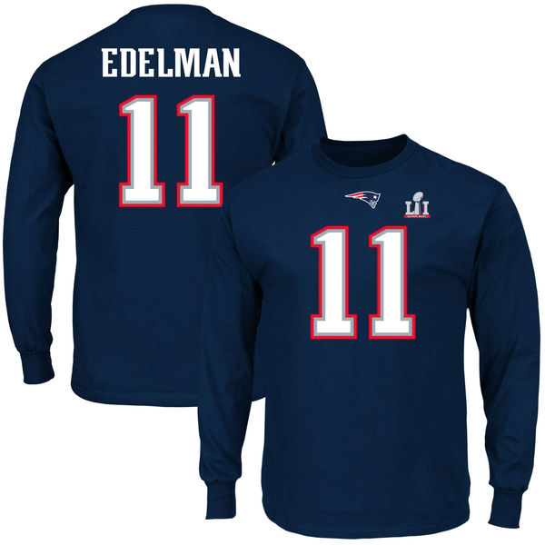 Julian Edelman New England Patriots Majestic Super Bowl LI Bound Eligible Receiver Patch Name & Number Long Sleeve T-Shirt - Navy